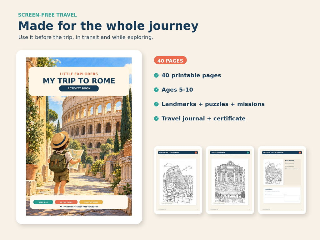 Rome Activity Book - screen-free travel features